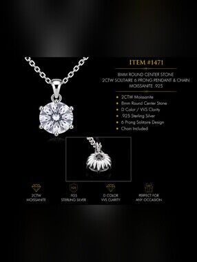 2CTW Moissanite Solitaire Pendant Necklace 925 Sterling Silver 18” Chain Cert